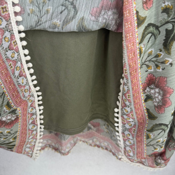 One World Green Floral Lined Sequin Tassel Sheer Blouse Sz L Boho Festival Beach - Picture 10 of 10